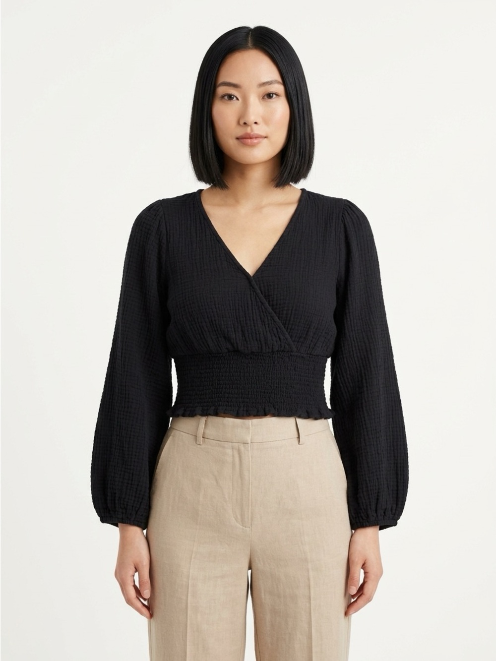 Madewell Textural Faux Wrap Peplum Top Smocked Crinkle Cotton Black Medium
